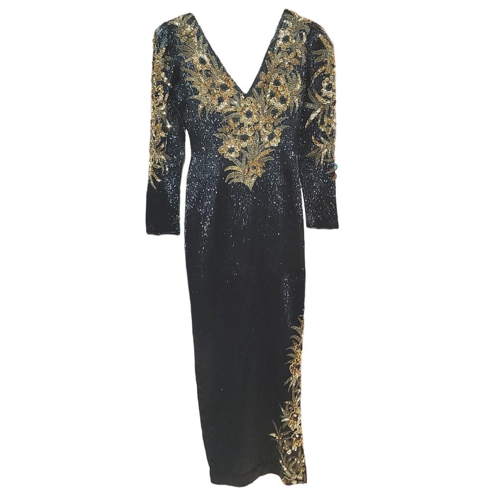 Sho Max SILK heavy beaded sequin dress 80s Vintage Formal SMALL gown Black Gold